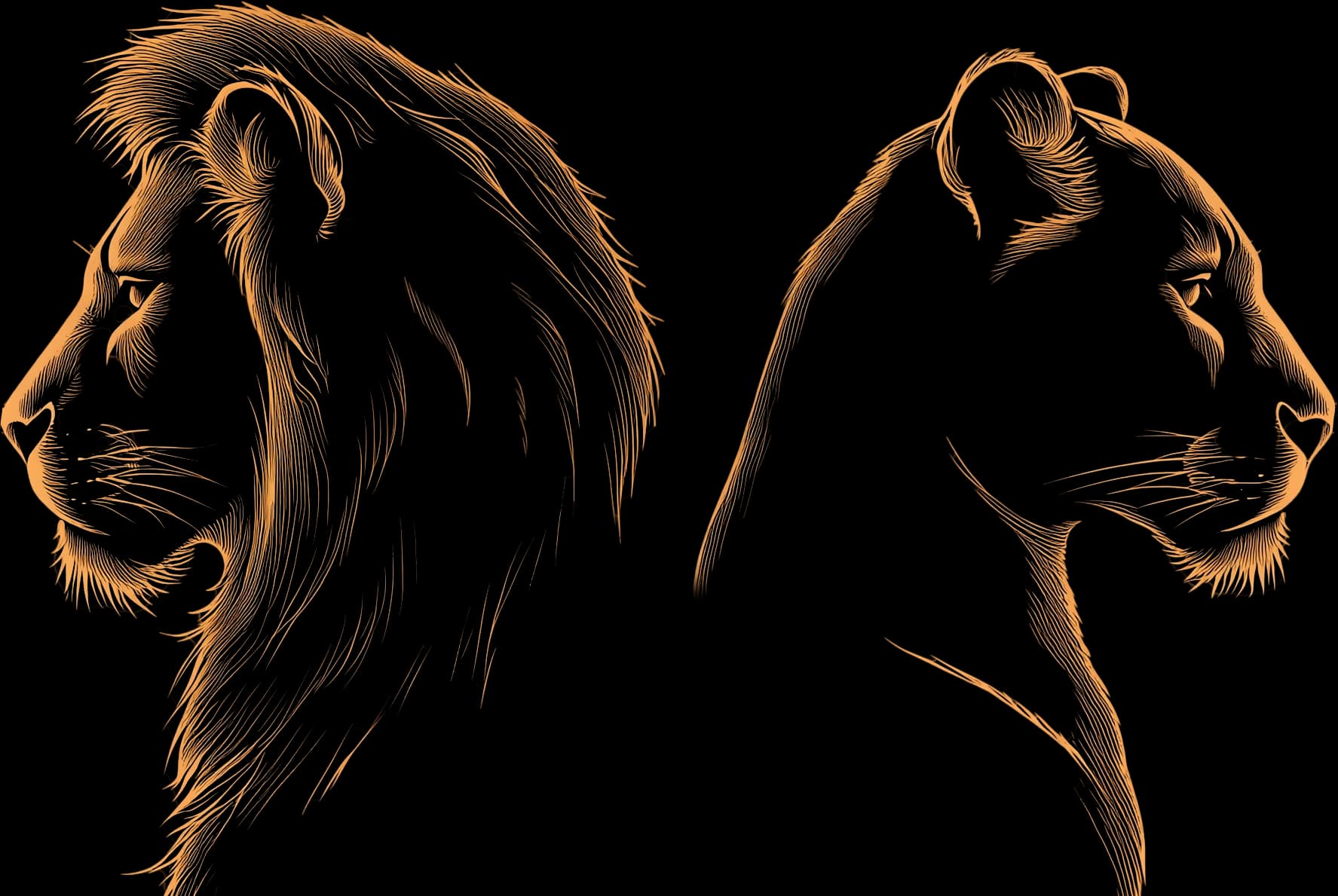 Illustration of a male lion and lioness facing opposite directions, drawn in gold lines